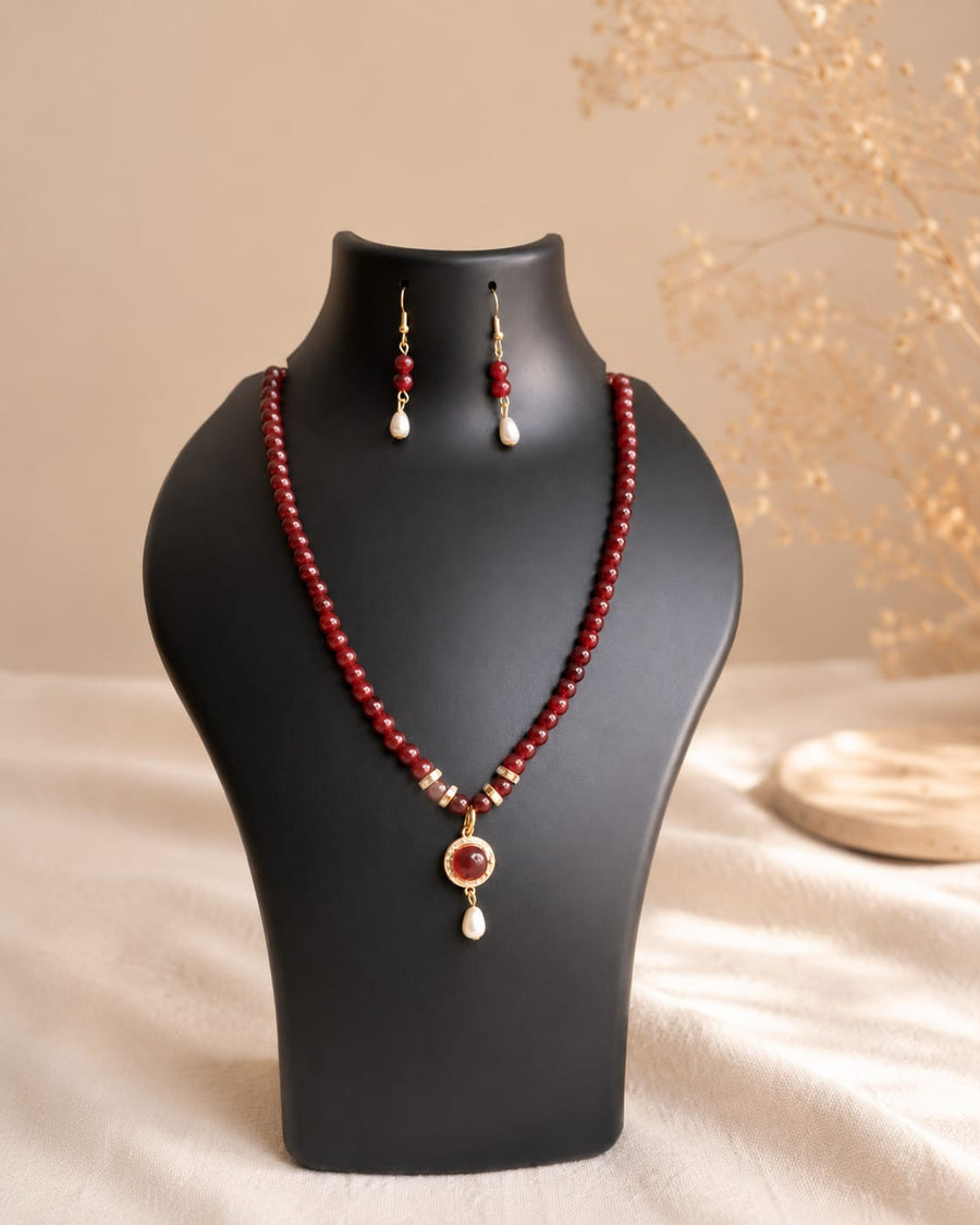 Ruby Red Beaded Pendant Necklace Set