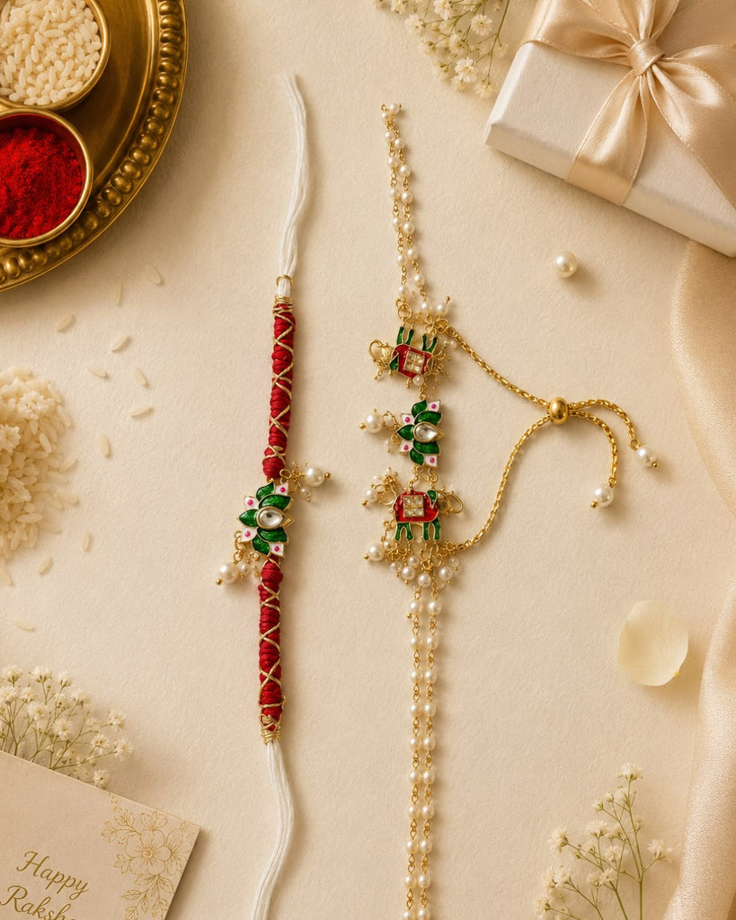 Meenakari Elephant Pearl Lumba Rakhi Set