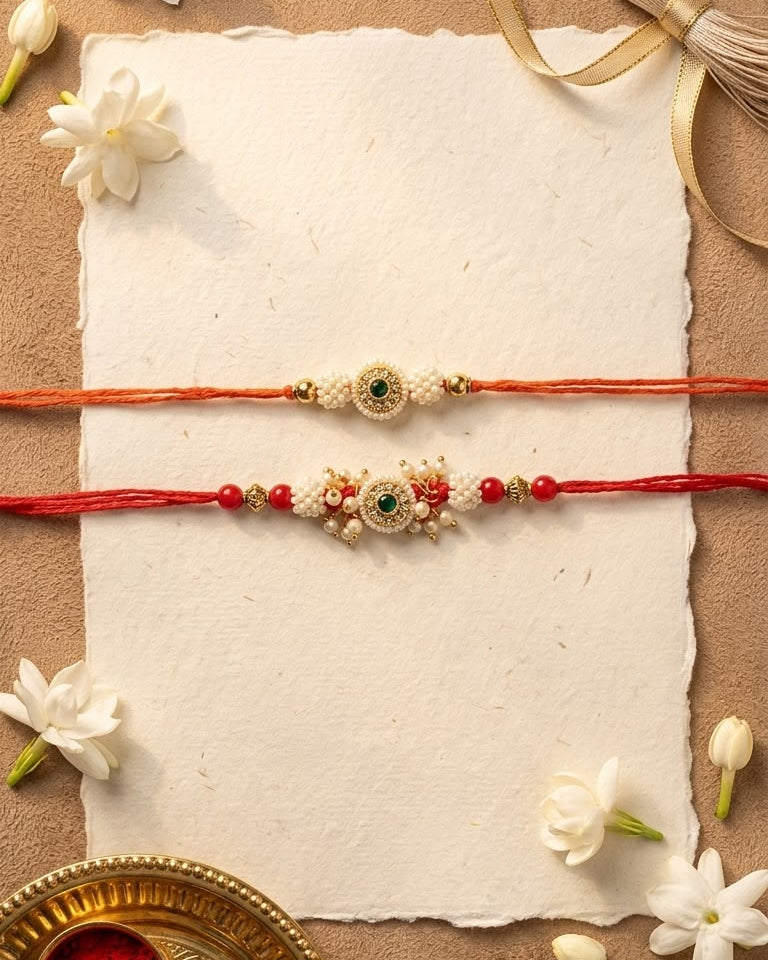 Pearl & Emerald Stone Rakhi set