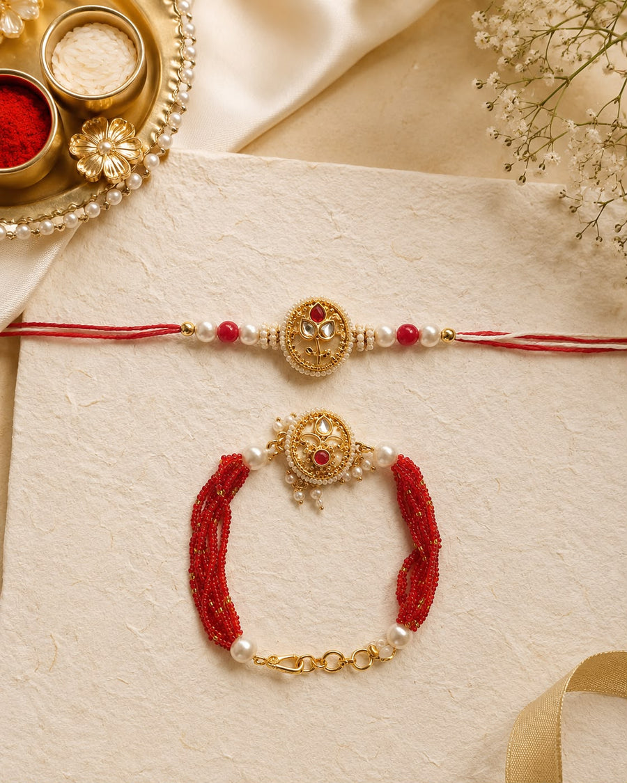 Kundan Oval Red Beaded Lumba Rakhi Set