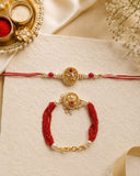 Kundan Oval Red Beaded Lumba Rakhi Set