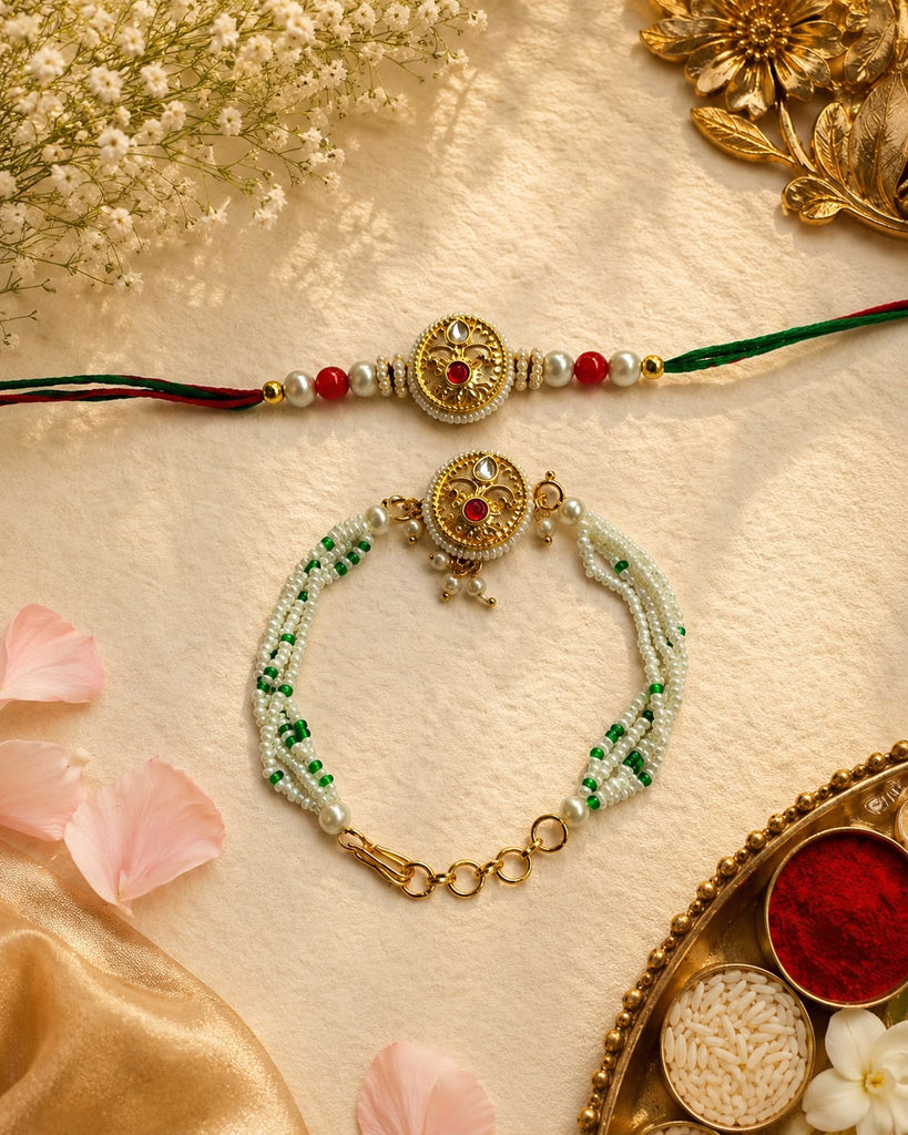 Kundan Oval Pearl Lumba Rakhi Set