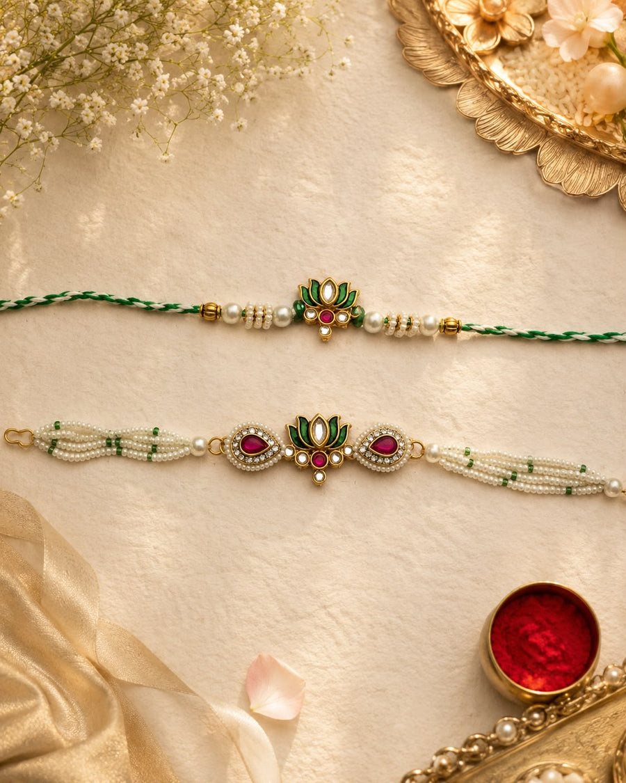 Lotus Kundan Bhai Bhabhi Rakhi Set